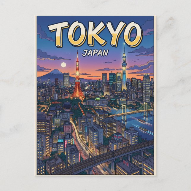 Carte postale de voyage d'animé vintage de Tokyo (Devant)