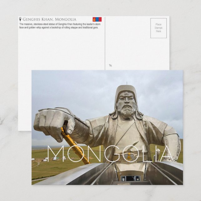 Carte postale de voyage de la statue de Gengis Kha (Devant / Derrière)