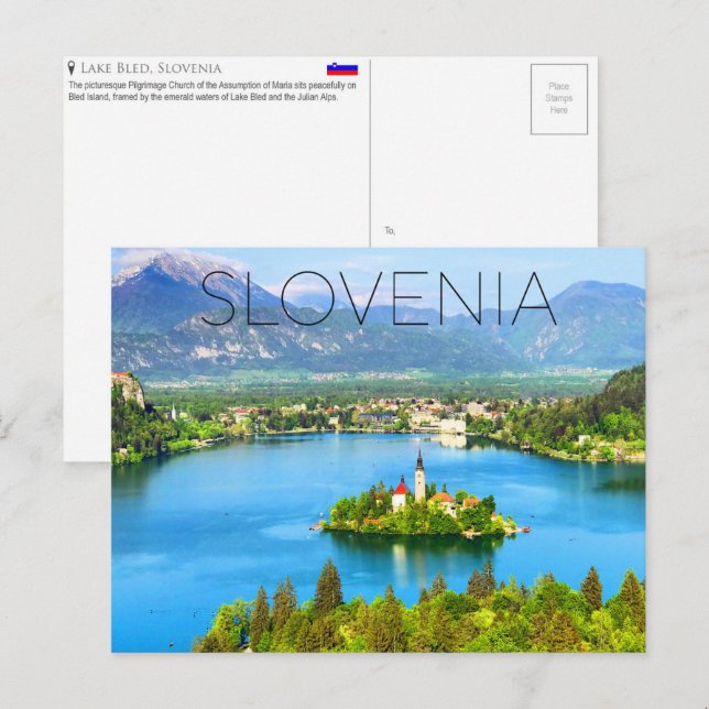 Carte postale de voyage du lac de Bled, Slovénie (Devant / Derrière)