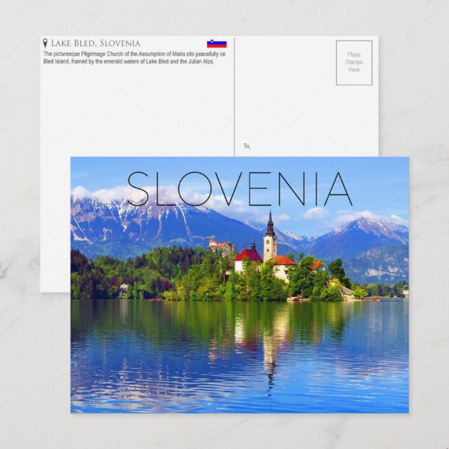 Carte postale de voyage du lac de Bled, Slovénie (Devant / Derrière)