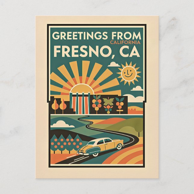 Carte postale de voyage rétro de Fresno CA – Année (Devant)