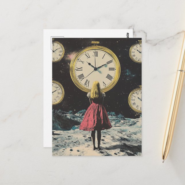 Carte Postale Debout dans le temps Surreal Pocket Watch Land (Devant/Arrière en situation)