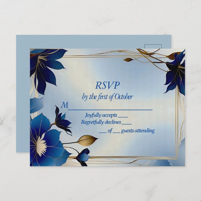 Carte Postale Décor bleu fleurs mariage RSVP (Devant / Derrière)
