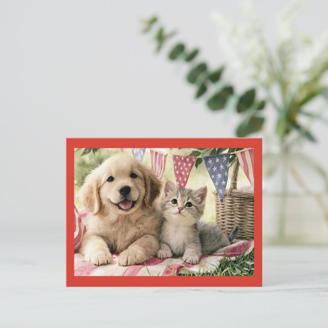 Carte Postale Décorations du quatre juillet et animaux mignons, (Debout devant)