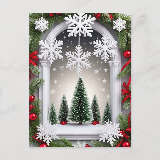 Carte Postale Décorations rouges de Noël Pinède enneigée fenêtre (Devant)