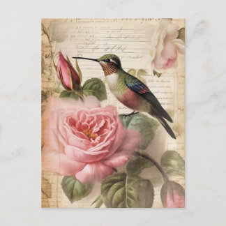 Carte Postale Découpage de colibri vintage et roses roses roses 