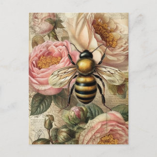 Carte Postale Découpage de l'abeille vintage et des roses roses 
