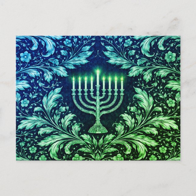 Carte Postale Deep Navy Menorah William Morris Pattern (Devant)