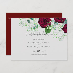Carte Postale Deep Red Burgundy Mariage Rose Enregistrer la date