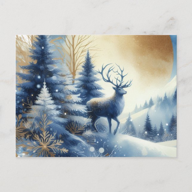 Carte Postale Deer in winter forest blue & gold design postcard (Devant)