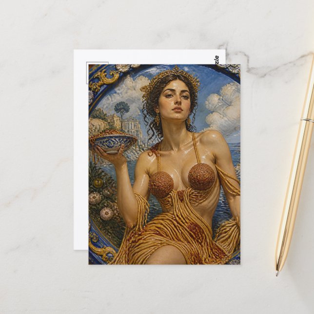 Carte Postale Déesse dans une robe faite de Spaghetti (Devant/Arrière en situation)
