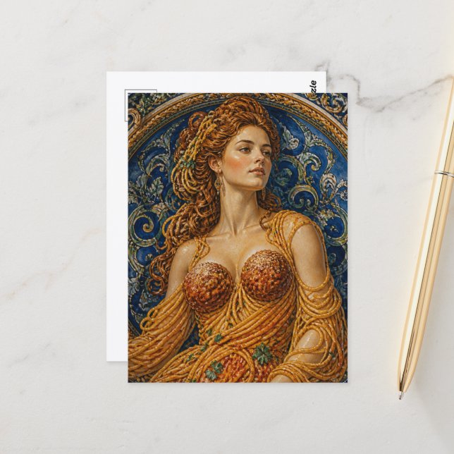 Carte Postale Déesse dans une robe faite de Spaghetti (Devant/Arrière en situation)