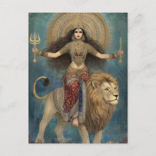Carte Postale Déesse Durga équitation Lion Turquoise Gold Art