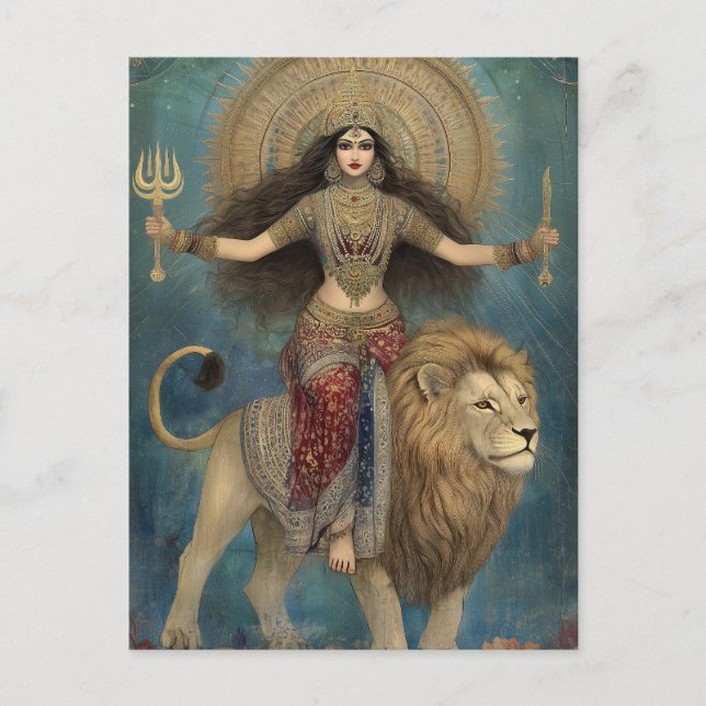 Carte Postale Déesse Durga équitation Lion Turquoise Gold Art (Devant)