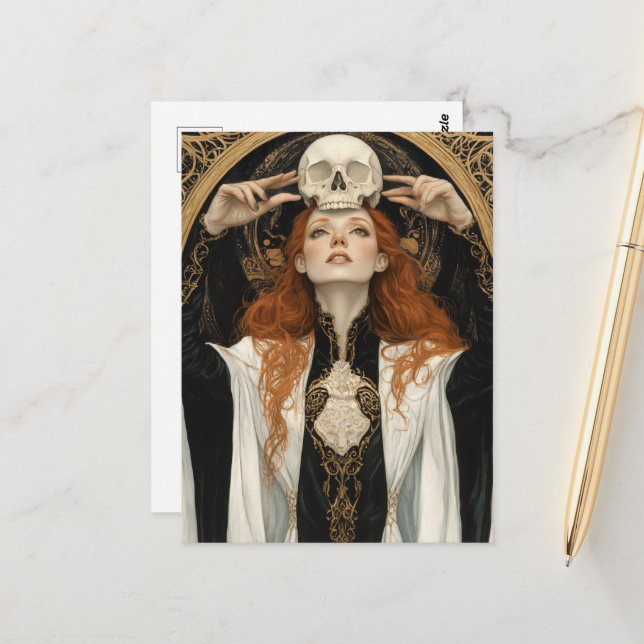 Carte Postale Déesse rousse Femme Avec un Crâne (Devant/Arrière en situation)