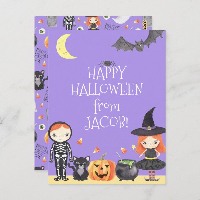 Carte Postale Déguisement Halloween aquarelle mignon pour enfant (Devant / Derrière)