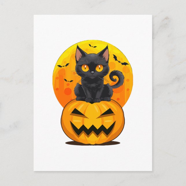 Carte Postale Déguisement Halloween Citrouille Chat Noir (Devant)