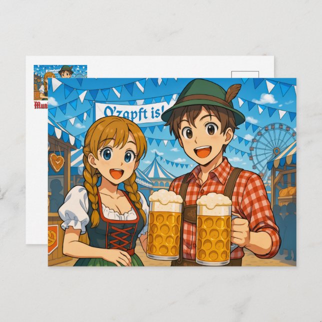 Carte Postale Dégustation de bière pendant Octoberfest à Munich, (Devant / Derrière)