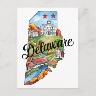 Carte Postale Delaware États-Unis État Forme Aquarelle Vintage