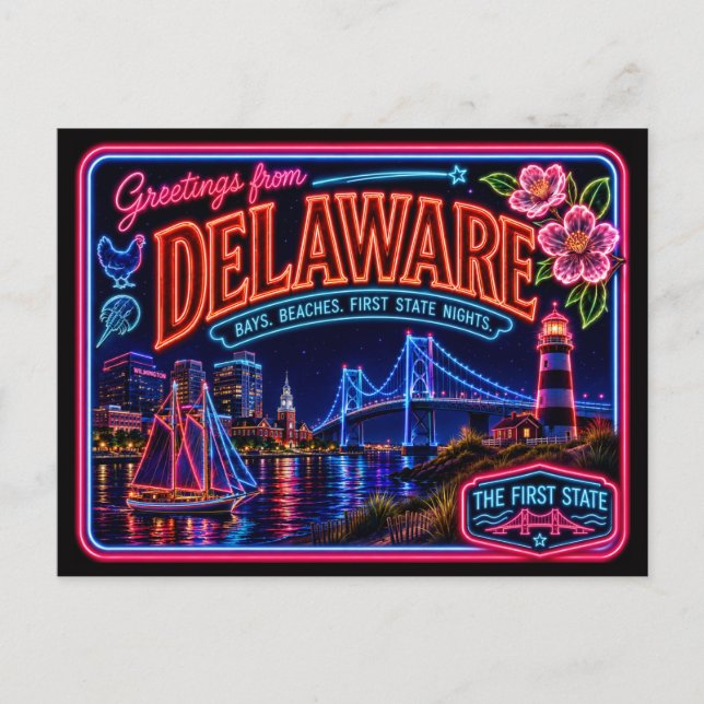Carte Postale Delaware Neon State Rétro Vintage (Devant)