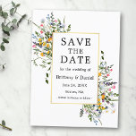 Carte Postale Délicat Aquarelle Fleurs sauvages Or Enregistrer L<br><div class="desc">Fleur sauvage Aquarelle moderne Mariage Mariage Faire-part Enregistrer la date La carte postale comprend des fleurs sauvages jaunes,  roses,  violettes,  bleues et blanches poussiéreuses,  des feuilles d'eucalyptus,  des feuilles verts sauge et d'autres plantes botaniques sur un cadre doré.</div>