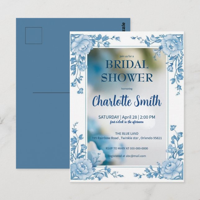 Carte Postale Délicate Fleur Bleue chinoiserie douche de mariage (Devant / Derrière)