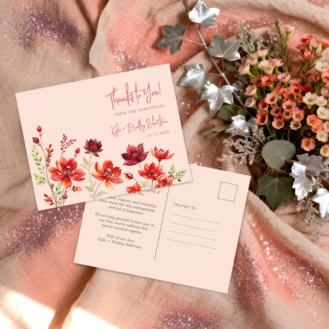 Carte Postale Delicate Wildflowers Juicy Red Pinky Pink Wedding (Delicate Wildflowers Juicy Red & Pinky Pink Editorial Wedding Thank You Postcard Design. )