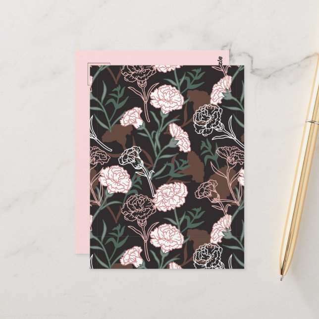 Carte Postale Délicates oeillets roses avec fleurs Feuilles vert (Devant/Arrière en situation)