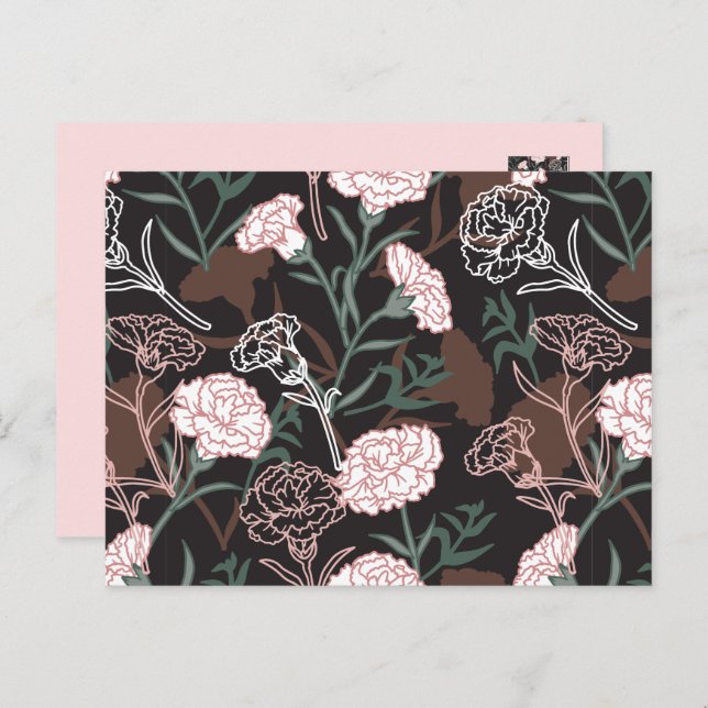 Carte Postale Délicates oeillets roses avec fleurs Feuilles vert (Devant / Derrière)