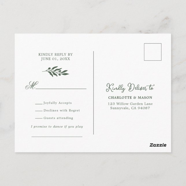 Carte Postale Demande de chanson de mariage au vert sauge et oli (Dos)