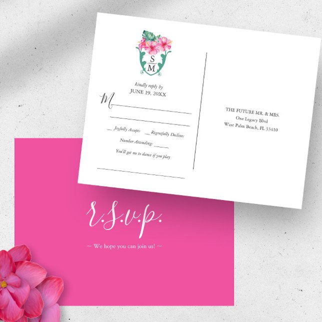 Carte Postale Demande de Chanson de mariage de destination tropi (Monogrammed tropical destination wedding rsvp postcard watercolor art by Victoria Grigaliunas)