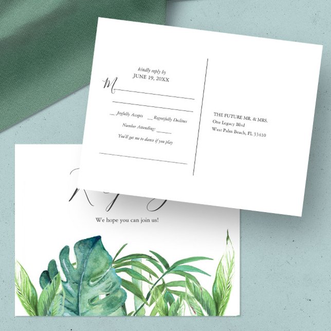 Carte Postale Demande de Chanson Feuille de Palm Tropical RSVP (RSVP postcard song request features unique monstera and palm leaves watercolor art by Victoria )