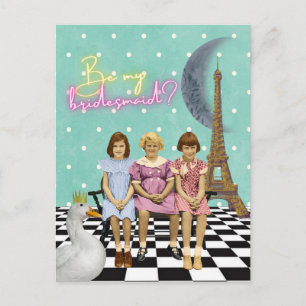Carte Postale Demande de Demoiselle d'Honneur Écolières Kitsch  