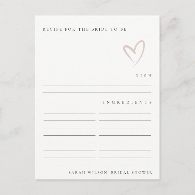 Carte Postale Demande de recette de douche nuptiale à cœur rose  (Devant)