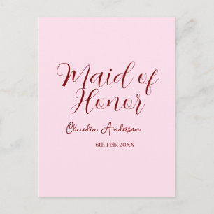 Carte Postale Demoiselle d'honneur mauve nom date rose pastel ma