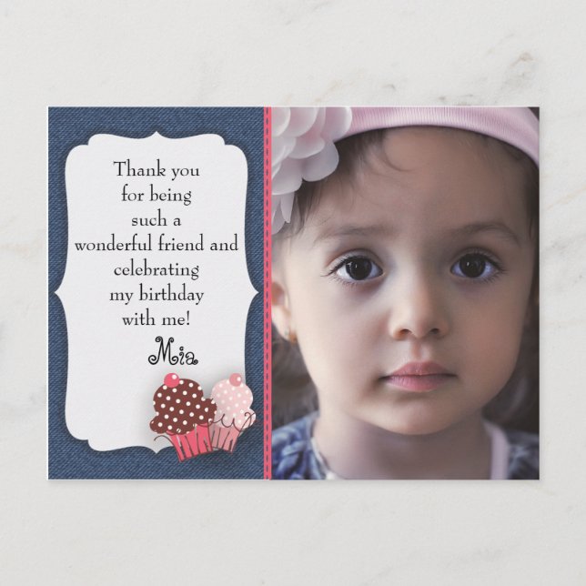 Carte Postale Denim et Cupcakes rose Photo Merci d'anniversaire (Devant)