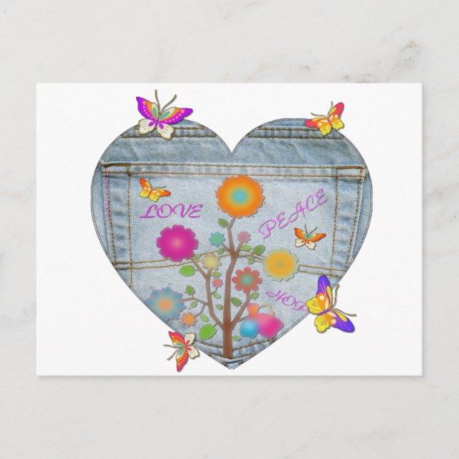 Carte Postale Denim Pocket Fleurs cardiaques Papillons (Devant)