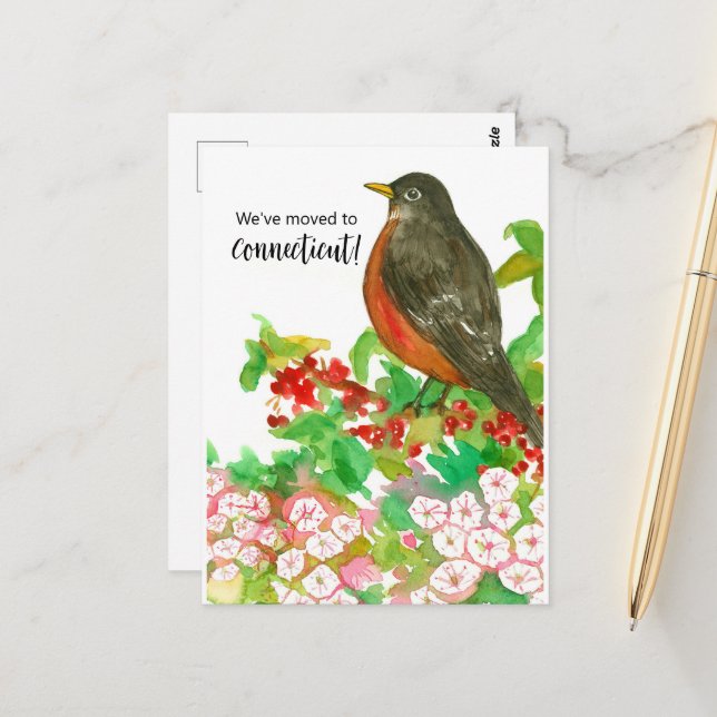 Carte Postale Déplacement Faire-part Connecticut Robin Laurel (Devant/Arrière en situation)