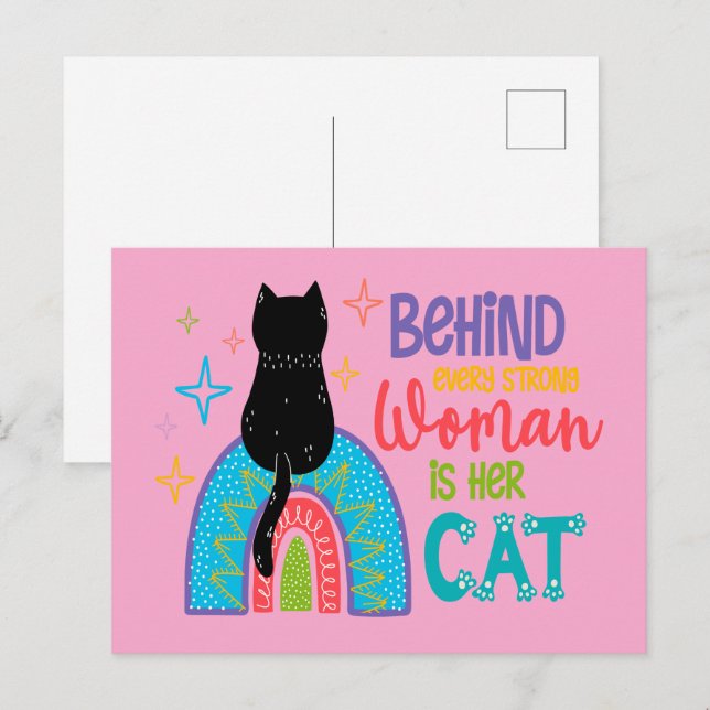 Carte Postale Derrière chaque femme forte, il y a son chat (Devant / Derrière)