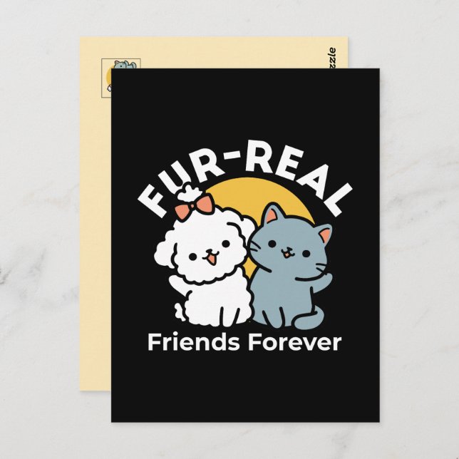 Carte Postale Des amis vrais pour toujours | Cute Cat & Chien Du (Devant / Derrière)