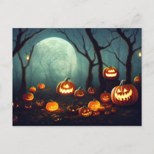 Carte Postale Des citrouilles d'Halloween dans une forêt à plein