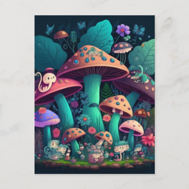 Carte Postale Des elfes champignons dans le champ (Devant)