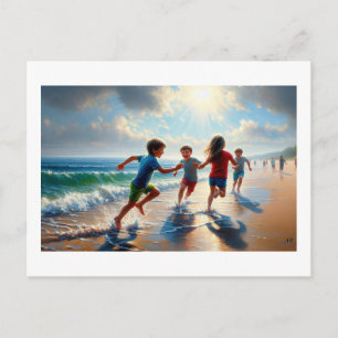Carte Postale Des enfants jouant sur une plage ensoleillée,
