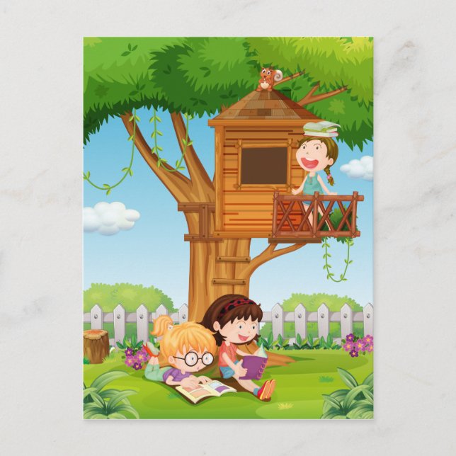 Carte Postale Des filles lisant des livres dans le jardin (Devant)