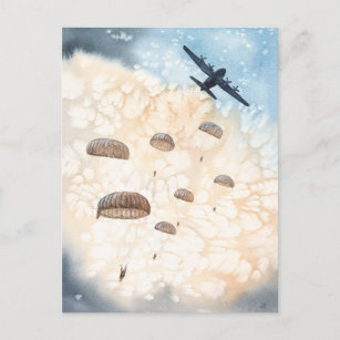 Carte Postale Des parachutistes aéroportés sautent des avions He