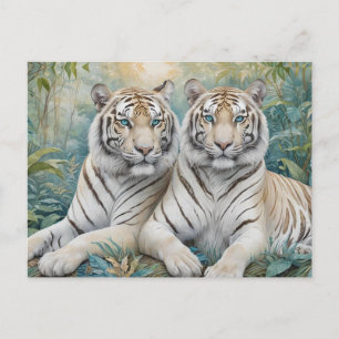 Carte Postale Des tigres d'or pâles dans une jungle bleue verte
