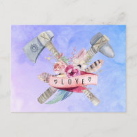 Design en aquarelle Tomahawk marteau et fleurs