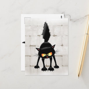 Carte Postale Dessin animé de chat noir drôle et féroce