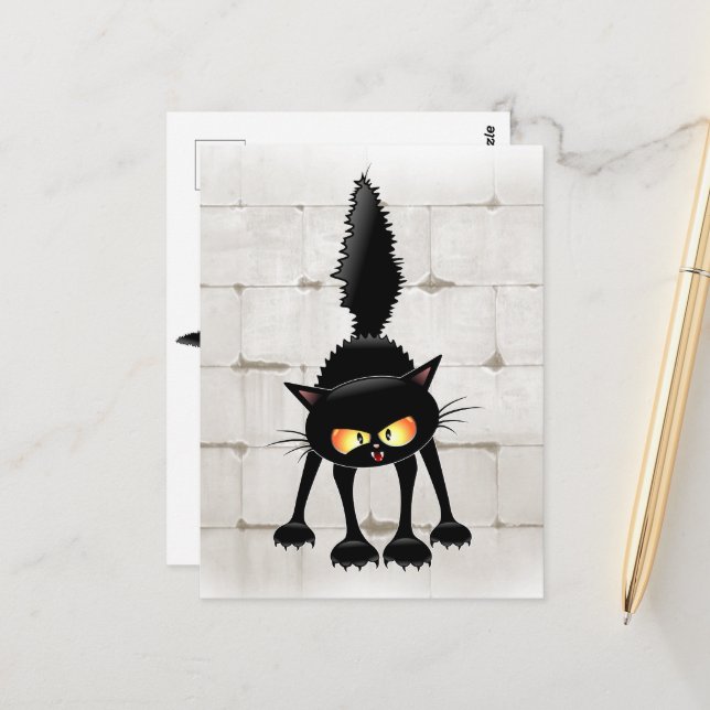 Carte Postale Dessin animé de chat noir drôle et féroce  (Devant/Arrière en situation)