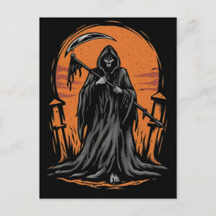 Carte Postale Dessin animé de la Faucheuse dans un cimetière au